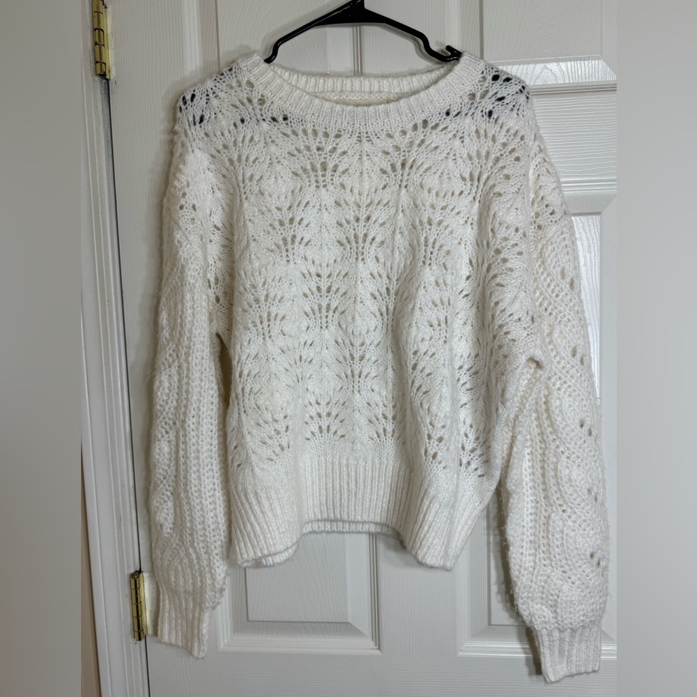 Saltwater Luxe White Knit Sweater L Open Weave Cozy‎ Vintage Look